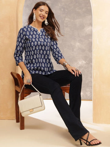 Indigo Charm Cotton Tunic Top – Navy Blue with White Handblock Print