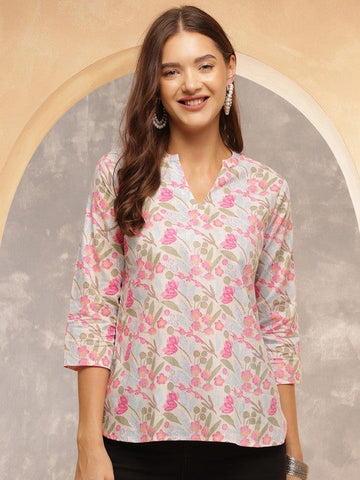 Pastel Bloom Cotton Tunic Top – Pink & Blue Floral Print