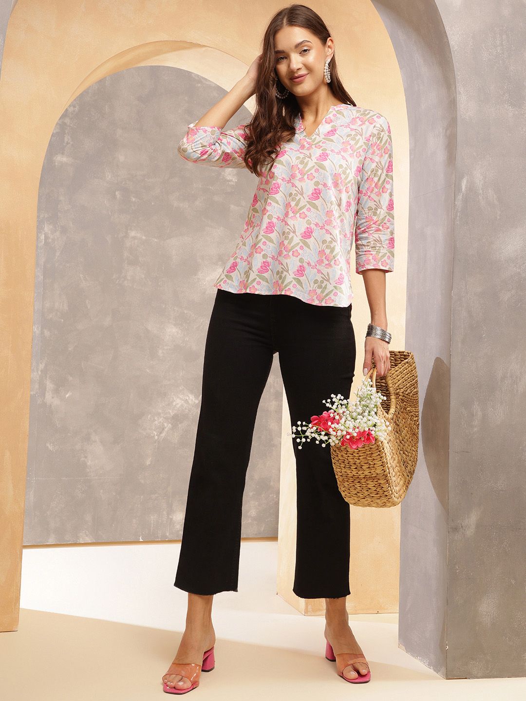 Pastel Bloom Cotton Tunic Top – Pink & Blue Floral Print