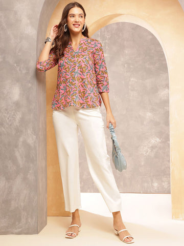 Blossom Breeze Cotton Tunic Top – Pink & Multi Leaf Print