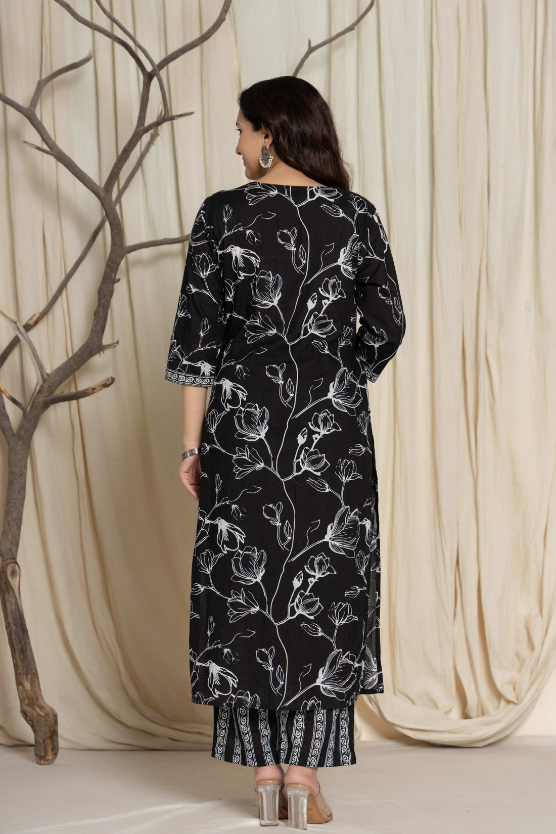 Elegant Black Floral Cotton Suit Set - Kurti, Pant & Dupatta