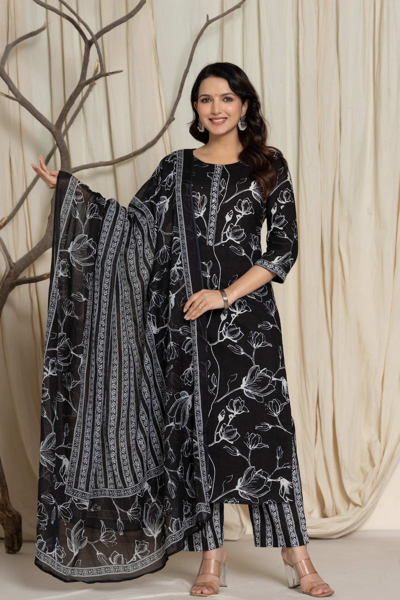 Elegant Black Floral Cotton Suit Set - Kurti, Pant & Dupatta