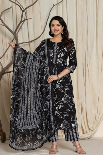 Elegant Black Floral Cotton Suit Set - Kurti, Pant & Dupatta