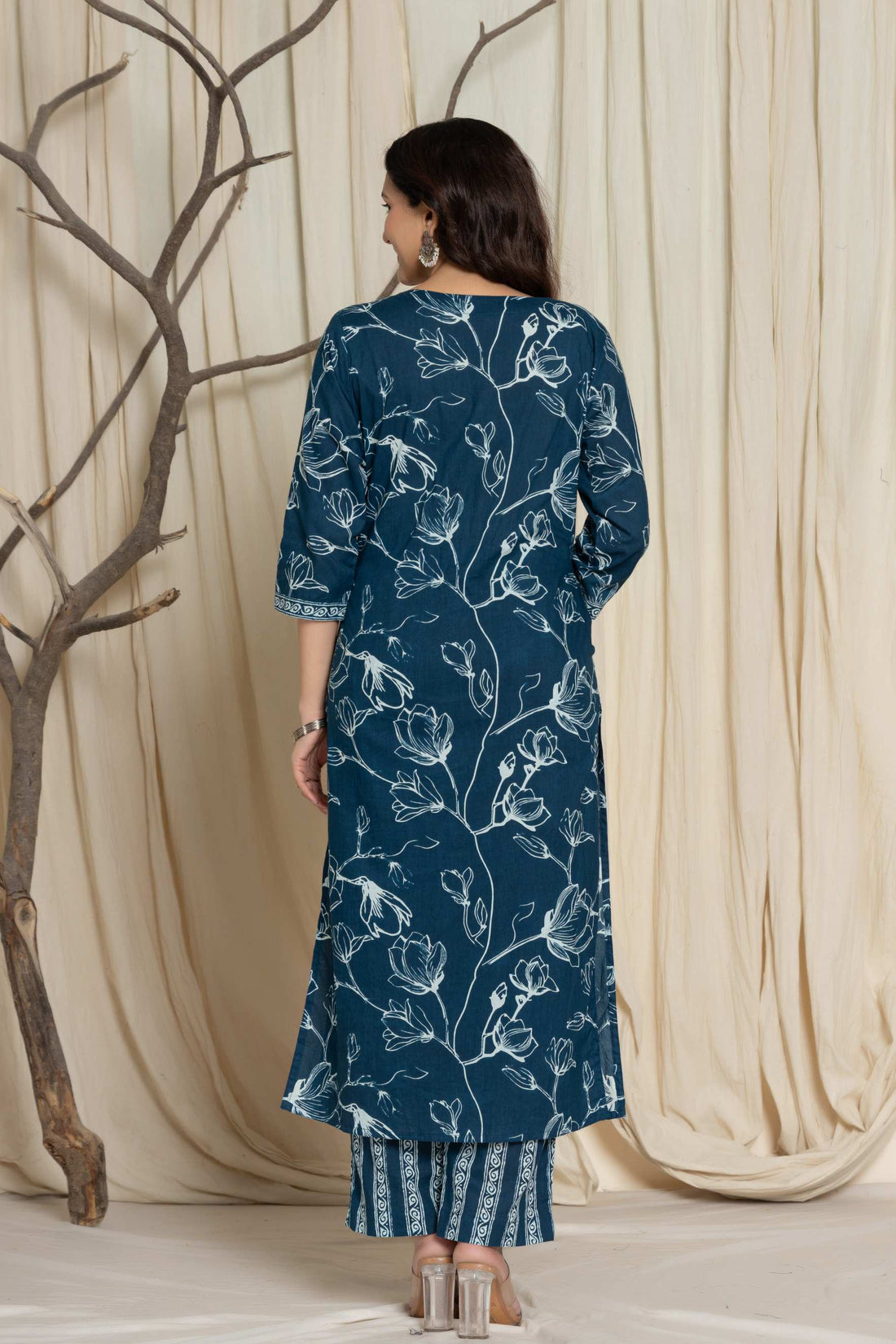 Elegant Blue Floral Cotton Suit Set - Kurti, Pant & Dupatta