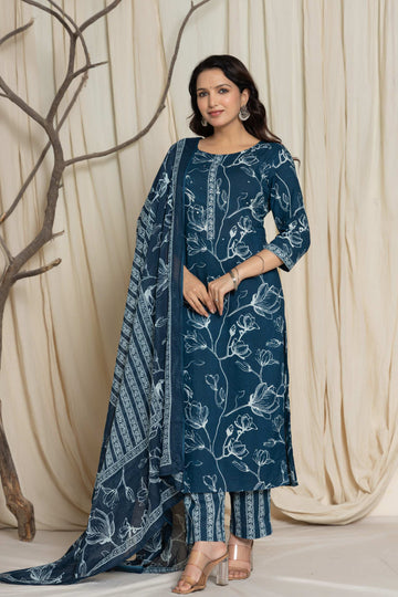Elegant Blue Floral Cotton Suit Set - Kurti, Pant & Dupatta