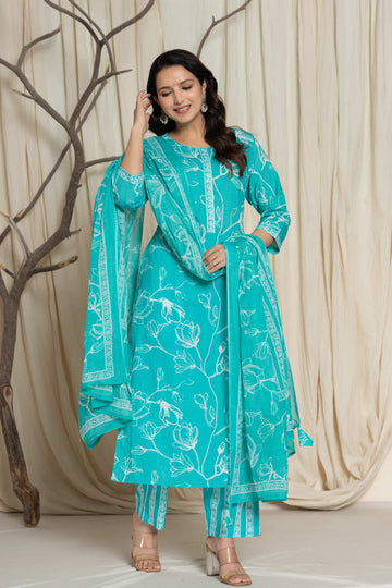 Elegant Green Floral Cotton Suit Set - Kurti, Pant & Dupatta