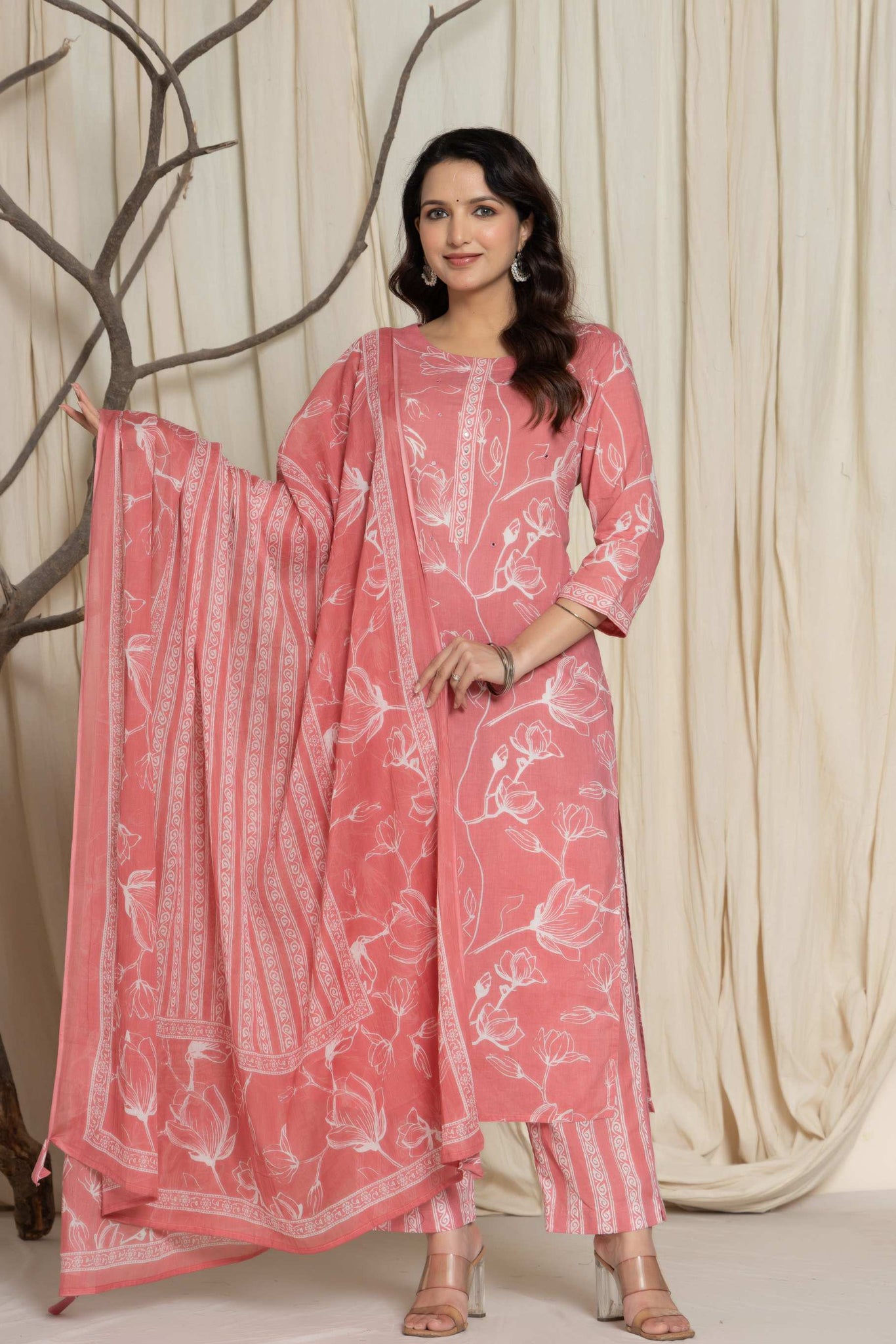 Elegant Pink Floral Cotton Suit Set - Kurti, Pant & Dupatta