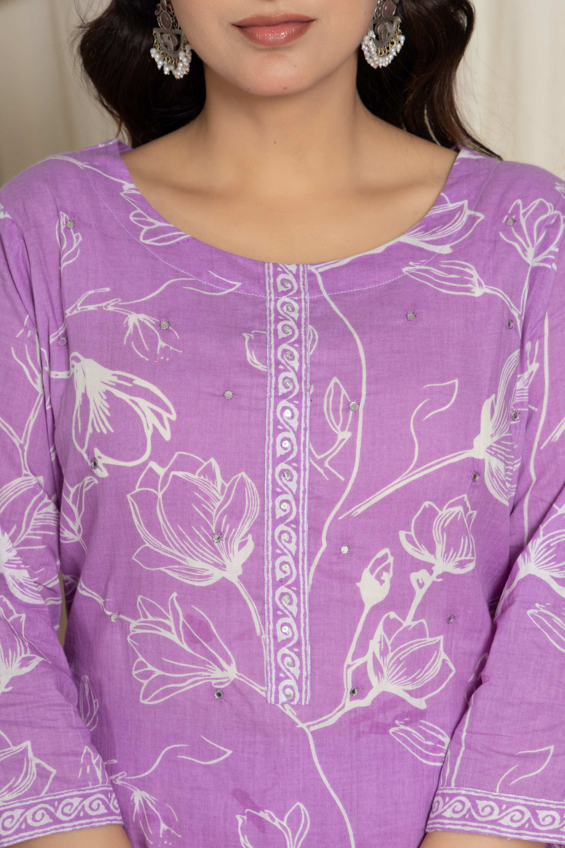 Elegant Purple Floral Cotton Suit Set - Kurti, Pant & Dupatta