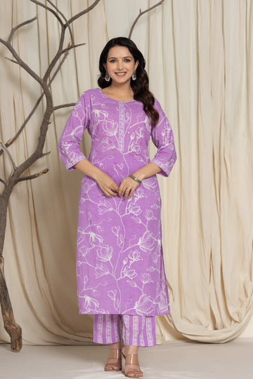Elegant Purple Floral Cotton Suit Set - Kurti, Pant & Dupatta