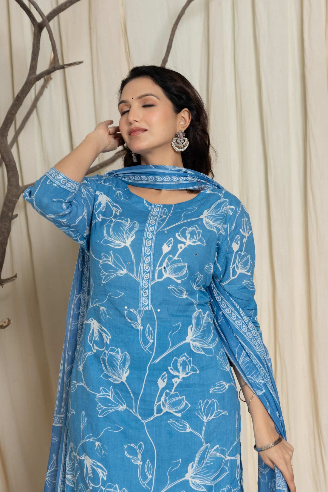 Elegant Sky Blue Floral Cotton Suit Set - Kurti, Pant & Dupatta