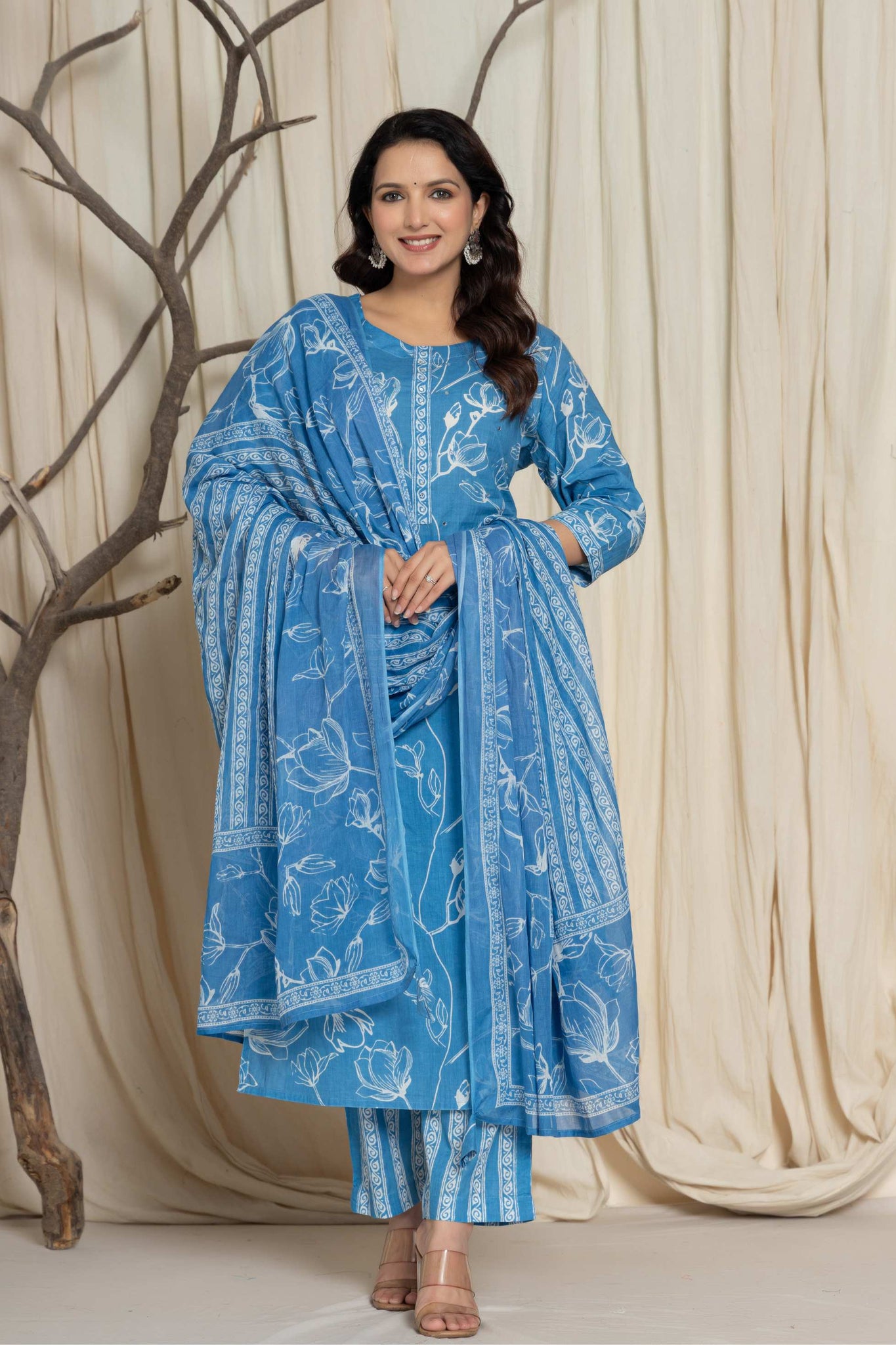 Elegant Sky Blue Floral Cotton Suit Set - Kurti, Pant & Dupatta