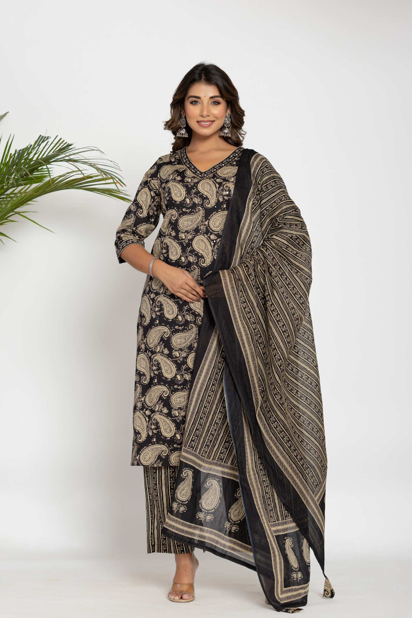 Black & Beige Paisley Printed Cotton Suit Set - Kurti, Pant & Dupatta