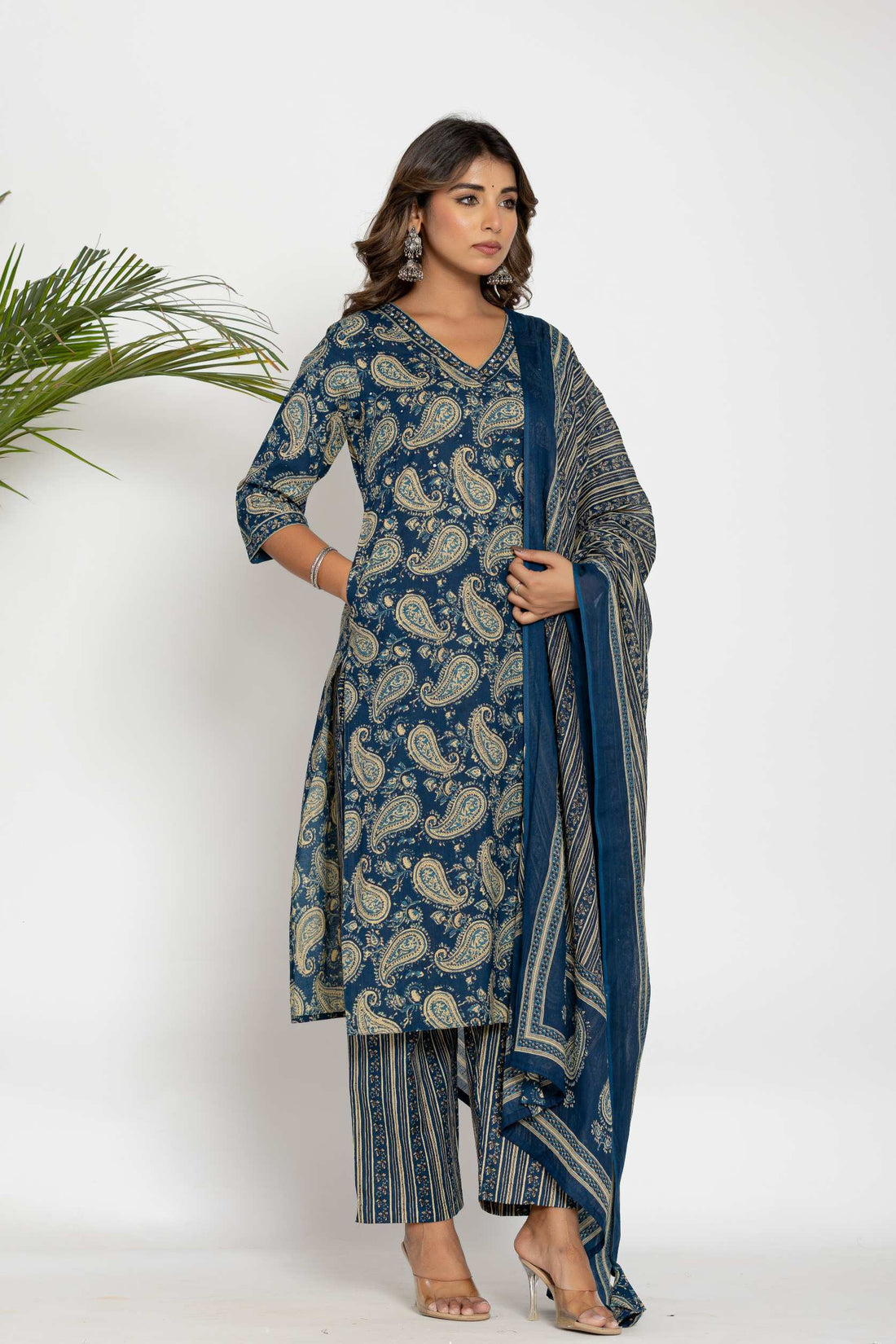 Navy Blue & Beige Paisley Printed Cotton Suit Set - Kurti, Pant & Dupatta