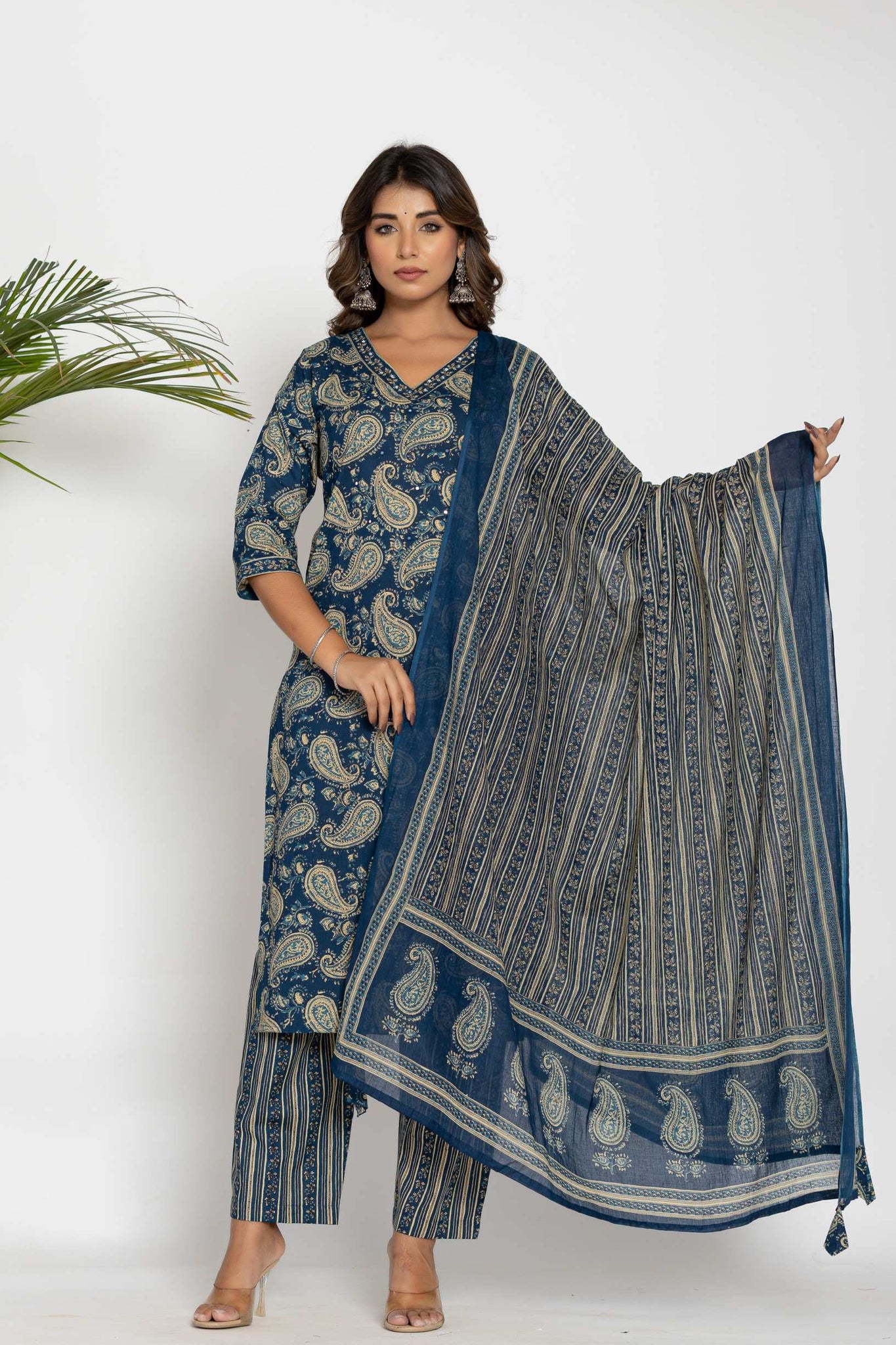 Navy Blue & Beige Paisley Printed Cotton Suit Set - Kurti, Pant & Dupatta