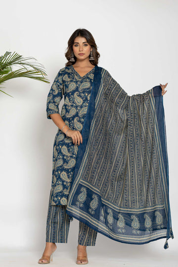 Navy Blue & Beige Paisley Printed Cotton Suit Set - Kurti, Pant & Dupatta