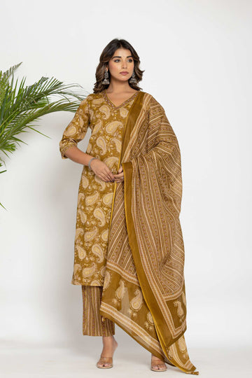 Traditional Paisley Print Kurta Set with Matching Dupatta