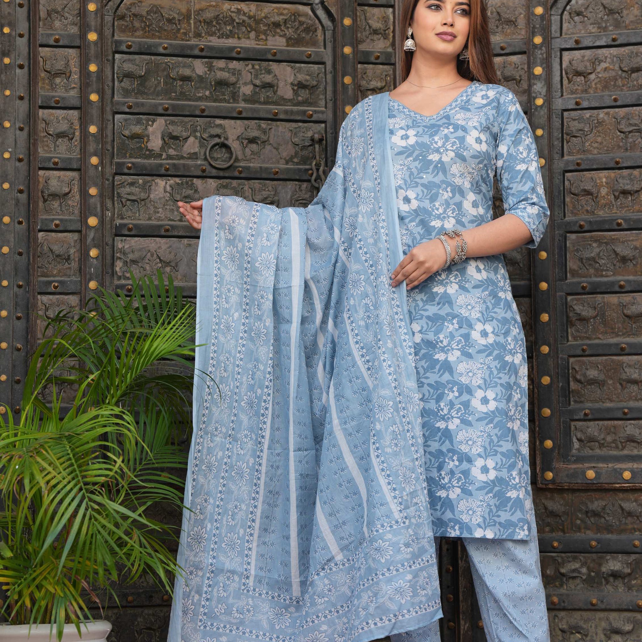 Blue Floral Printed Cotton Suit Set