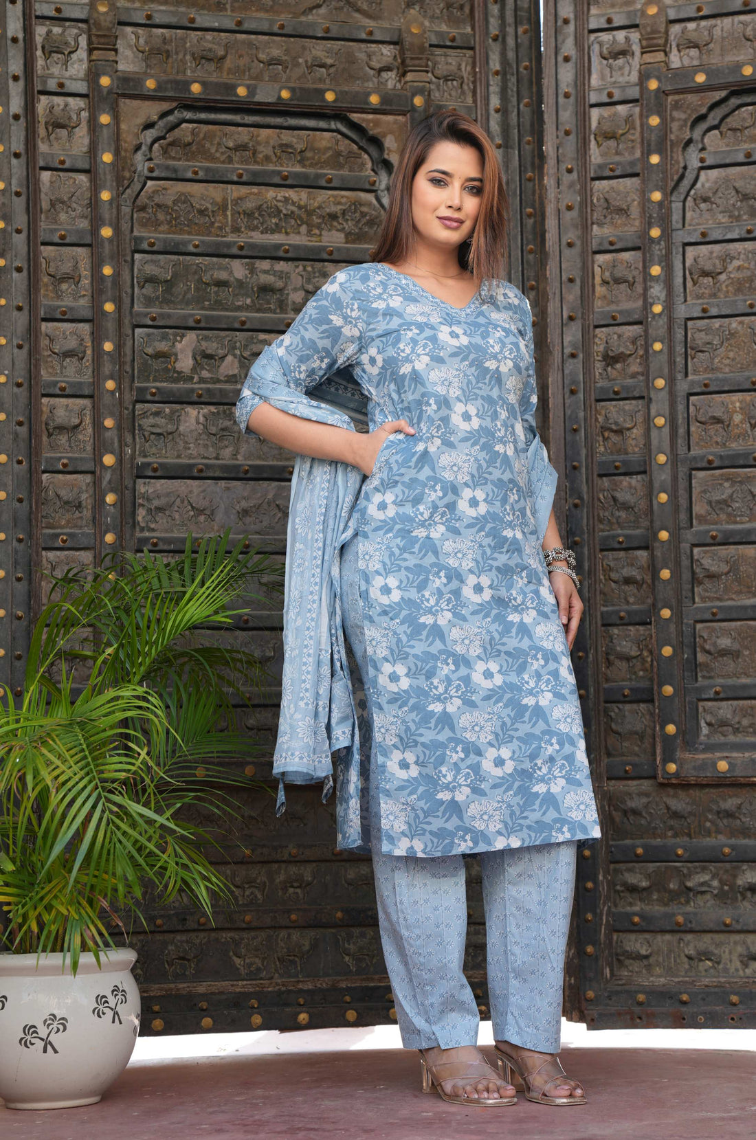 Blue Floral Printed Cotton Suit Set
