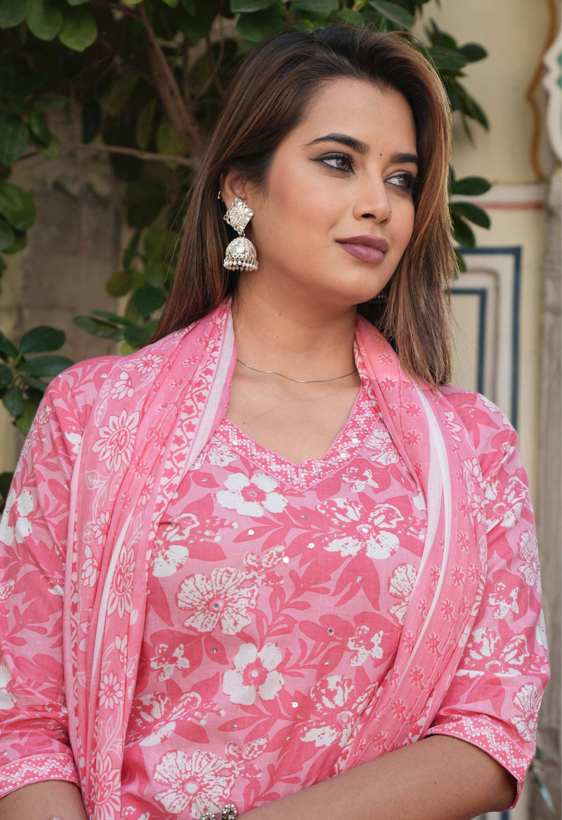 Pink Floral Printed Cotton Suit Set