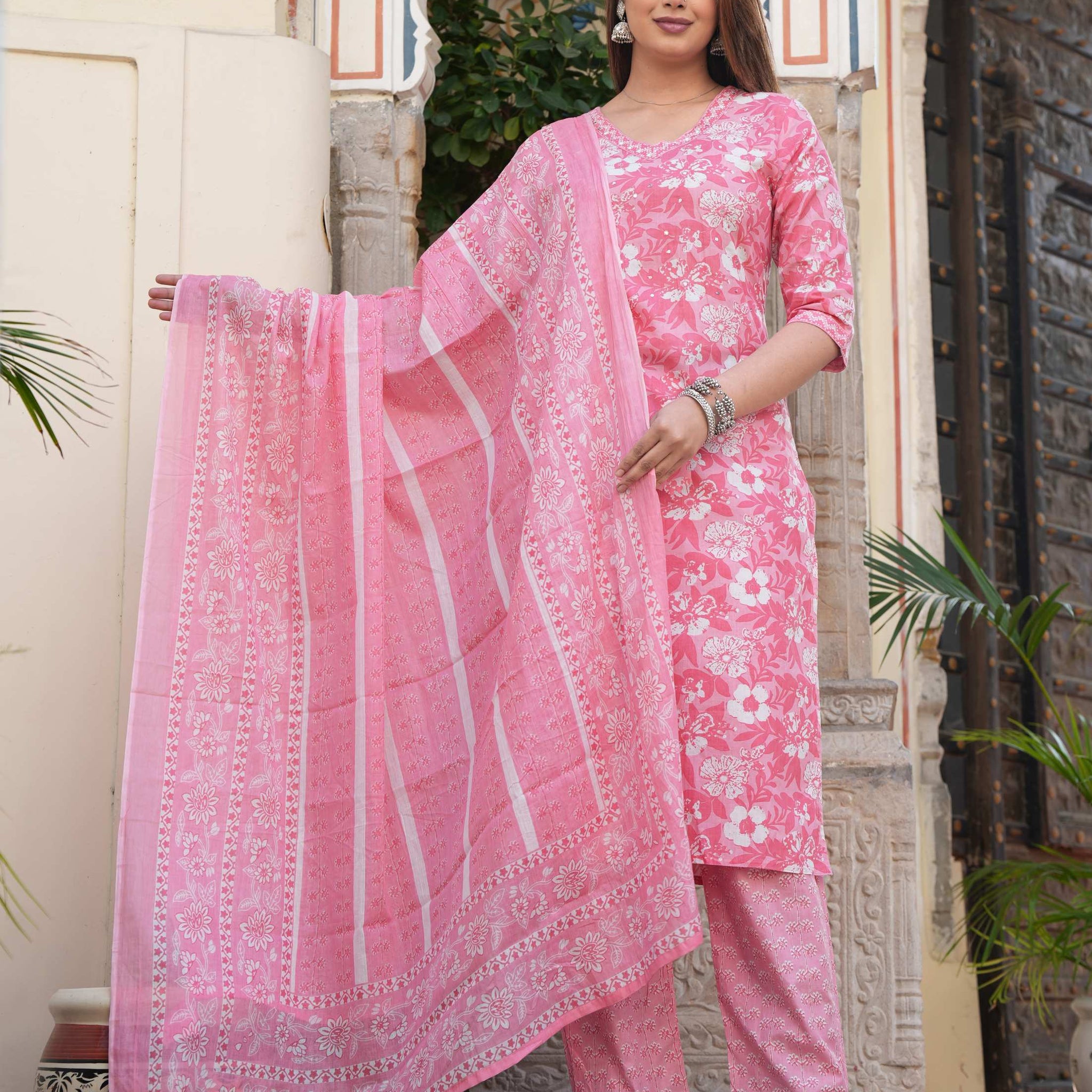 Pink Floral Printed Cotton Suit Set