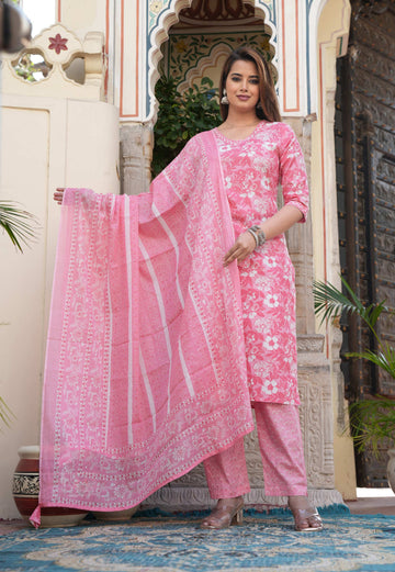 Pink Floral Printed Cotton Suit Set