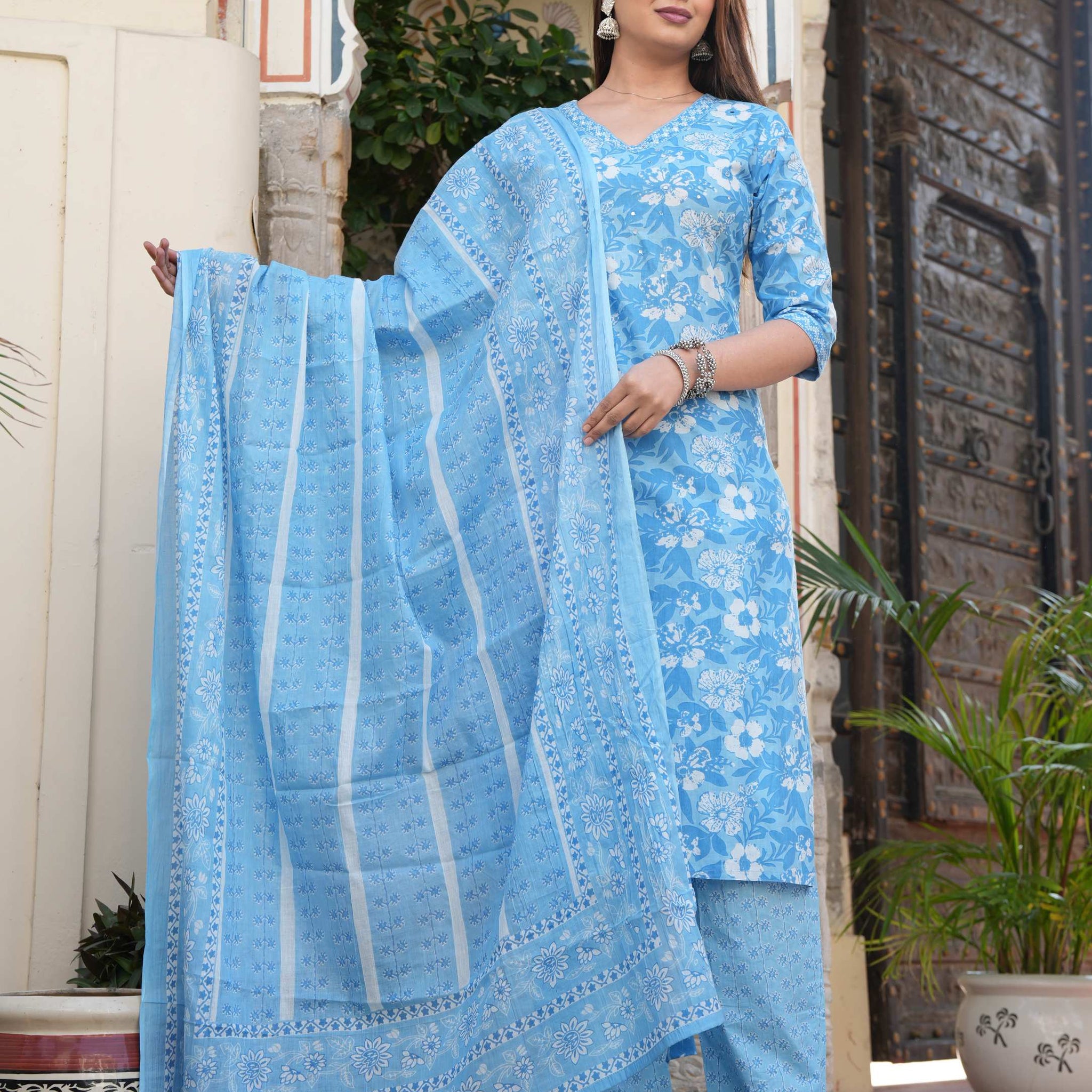 Sky Blue Floral Printed Cotton Suit Set