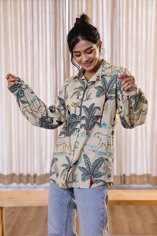 Women's Cream Safari Print Shirt - Wild & Chic | Women's Shirt | Shop stylish women's clothing online at Label Flavia |