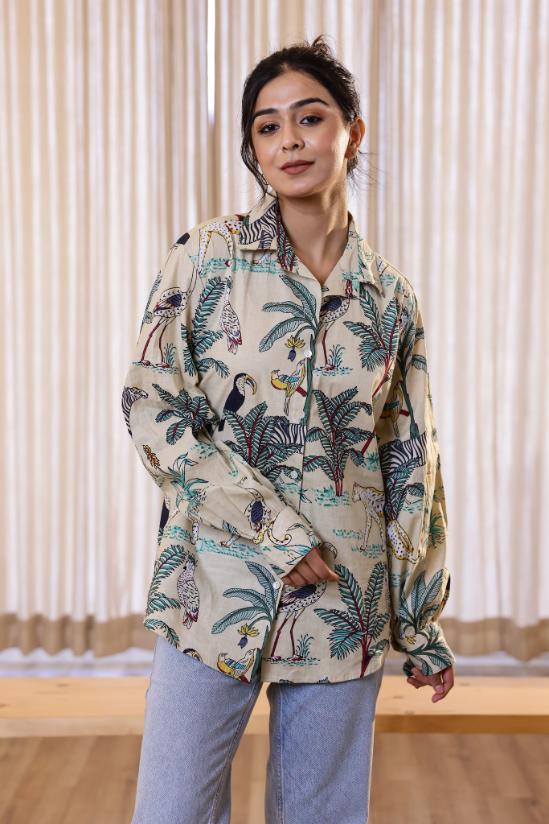 Women's Cream Safari Print Shirt - Wild & Chic | Women's Shirt | Shop stylish women's clothing online at Label Flavia |
