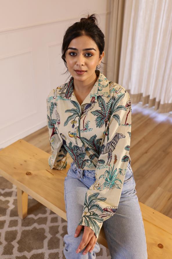 Women's Cream Safari Print Shirt - Wild & Chic | Women's Shirt | Shop stylish women's clothing online at Label Flavia |