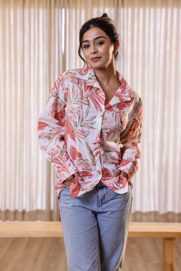 Women's Pink Leaf Print Shirt - Soft & Stylish | Women's Shirt | Shop stylish women's clothing online at Label Flavia |