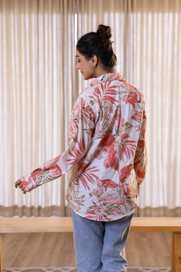 Women's Pink Leaf Print Shirt - Soft & Stylish | Women's Shirt | Shop stylish women's clothing online at Label Flavia |