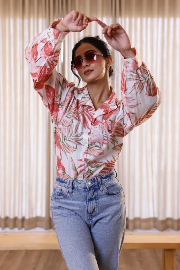 Women's Pink Leaf Print Shirt - Soft & Stylish | Women's Shirt | Shop stylish women's clothing online at Label Flavia |