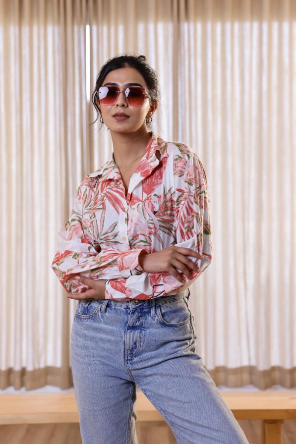 Women's Pink Leaf Print Shirt - Soft & Stylish | Women's Shirt | Shop stylish women's clothing online at Label Flavia |