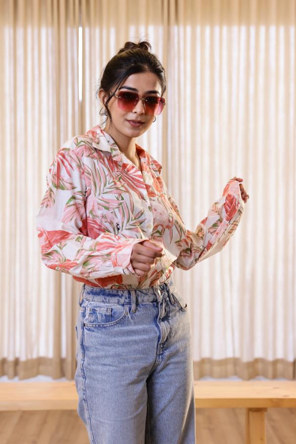 Women's Pink Leaf Print Shirt - Soft & Stylish | Women's Shirt | Shop stylish women's clothing online at Label Flavia |