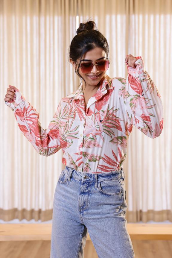 Women's Pink Leaf Print Shirt - Soft & Stylish | Women's Shirt | Shop stylish women's clothing online at Label Flavia |
