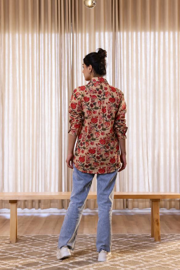 Women's Cream & Red Floral Print Shirt - Bold & Elegant | Women's Shirt | Shop stylish women's clothing online at Label Flavia |