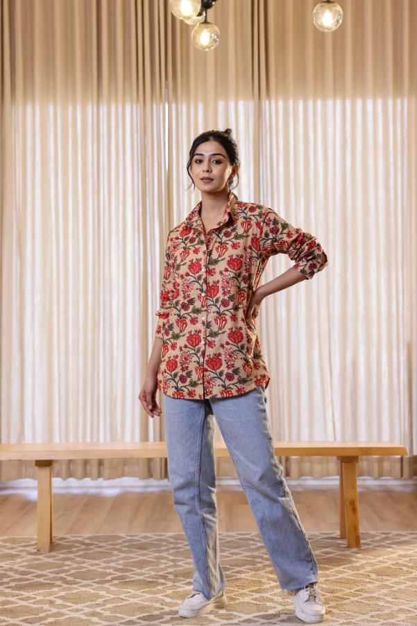 Women's Cream & Red Floral Print Shirt - Bold & Elegant | Women's Shirt | Shop stylish women's clothing online at Label Flavia |