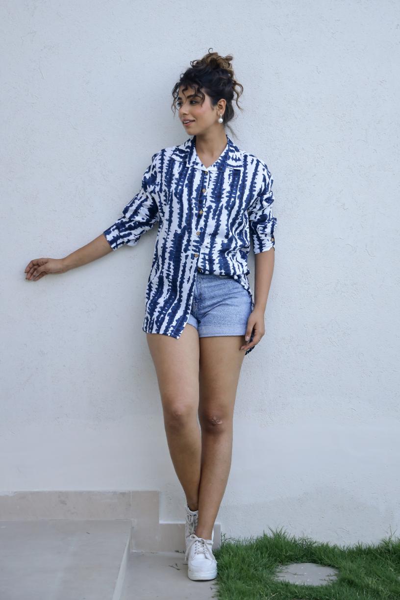Women's Blue Tie-Dye Shirt - Relaxed & Trendy | Women's Shirt | Shop stylish women's clothing online at Label Flavia |